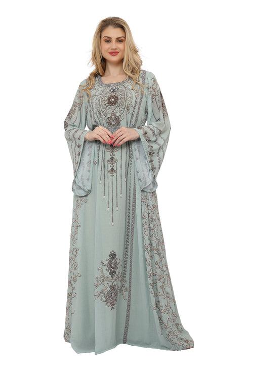 Digital Printed Dubai Caftan Maxi Dress in Greyish-Green