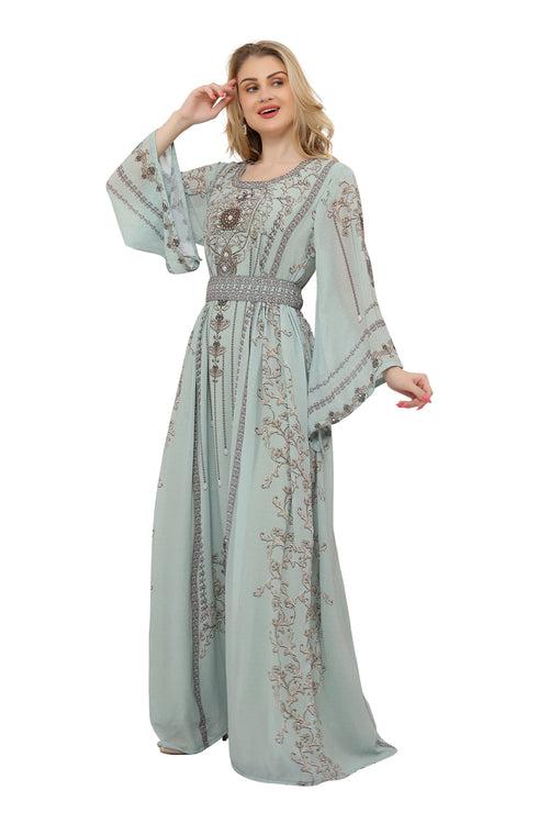 Digital Printed Dubai Caftan Maxi Dress in Greyish-Green