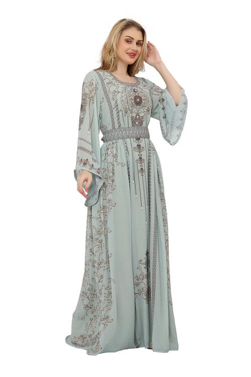 Digital Printed Dubai Caftan Maxi Dress in Greyish-Green