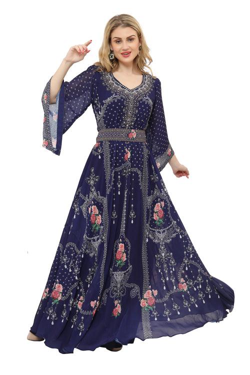 Modest Caftan Navy Blue Party Dress Digital Print Gown