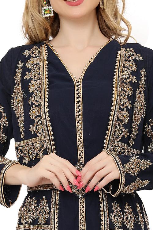 Designer Maghribi Caftan Navy Blue Moroccan Takchita