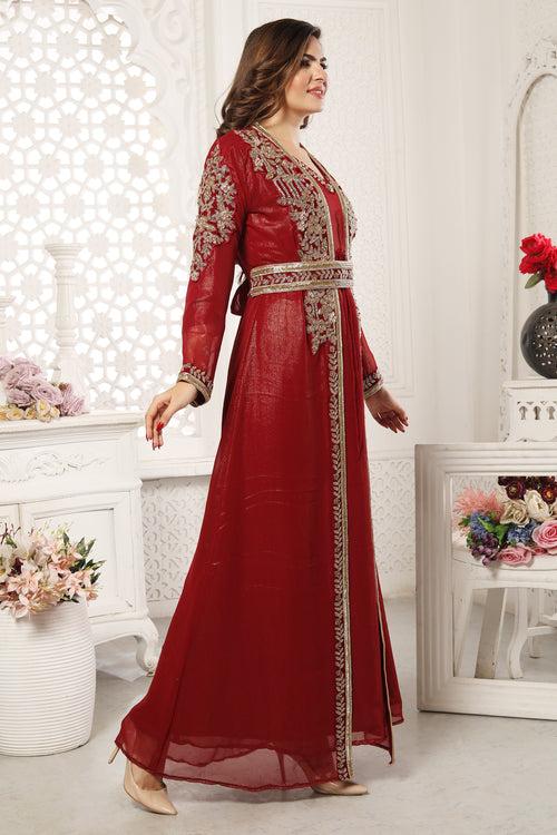 Jalabiya Kaftan in dark red with Crystal Rhinestone Embroidery