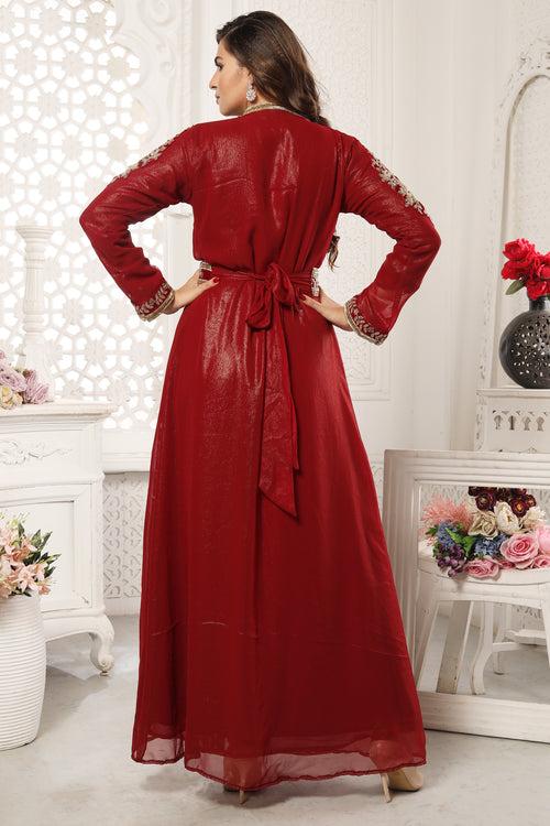 Jalabiya Kaftan in dark red with Crystal Rhinestone Embroidery