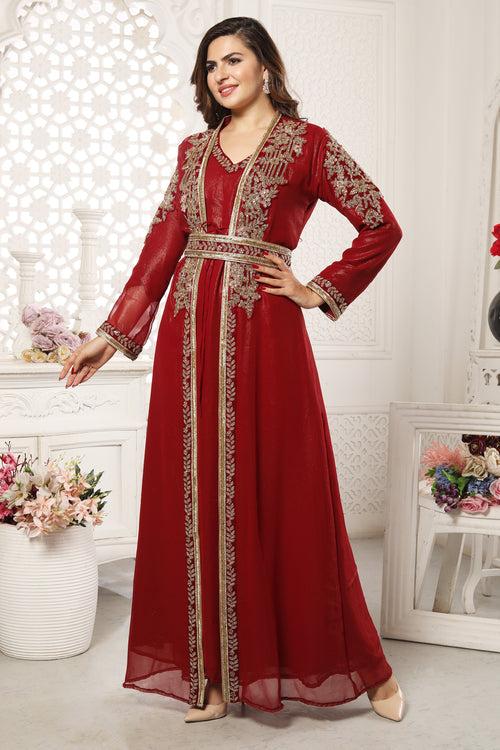 Jalabiya Kaftan in dark red with Crystal Rhinestone Embroidery