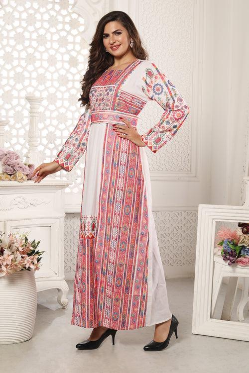 Multicoloured Tatreez Cross-Stitch embroidery Thobe Kaftan Malaka Gown