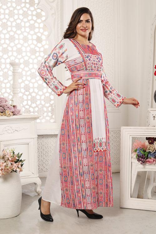 Multicoloured Tatreez Cross-Stitch embroidery Thobe Kaftan Malaka Gown