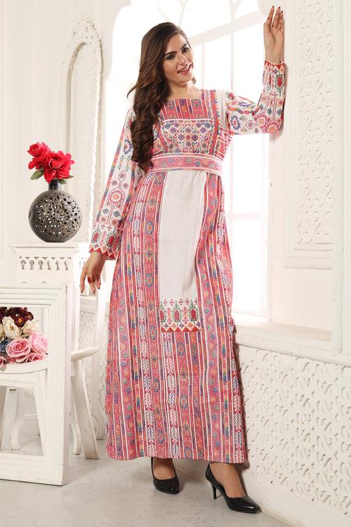 Multicoloured Tatreez Cross-Stitch embroidery Thobe Kaftan Malaka Gown