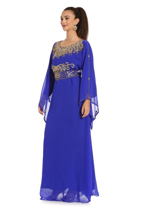 Royal Blue Maxi Gown Embroidered Arabian Kaftan Dress