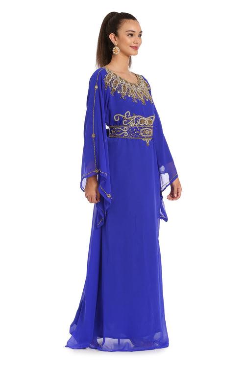 Royal Blue Maxi Gown Embroidered Arabian Kaftan Dress