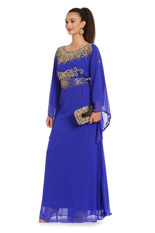 Royal Blue Maxi Gown Embroidered Arabian Kaftan Dress