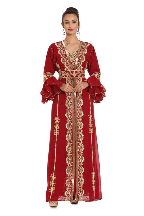 Designer Takchita Kaftan Handicraft Dress with Long Bell Sleeve