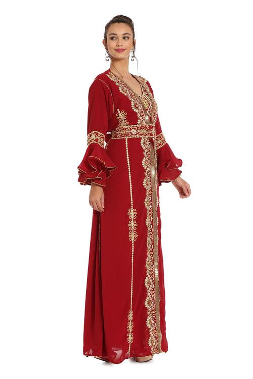 Designer Takchita Kaftan Handicraft Dress with Long Bell Sleeve