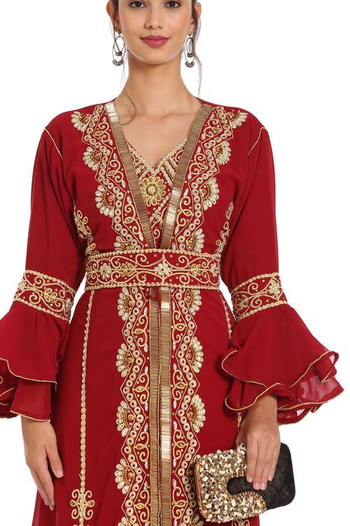 Designer Takchita Kaftan Handicraft Dress with Long Bell Sleeve