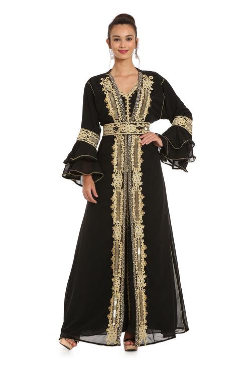 Black Abaya Kaftan Henna Party Dress with Long Bell Sleeve