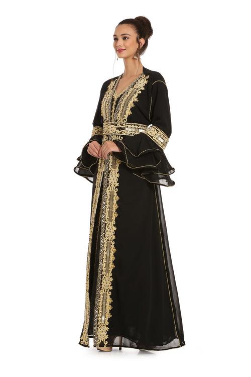 Black Abaya Kaftan Henna Party Dress with Long Bell Sleeve