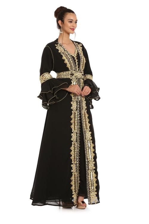 Black Abaya Kaftan Henna Party Dress with Long Bell Sleeve