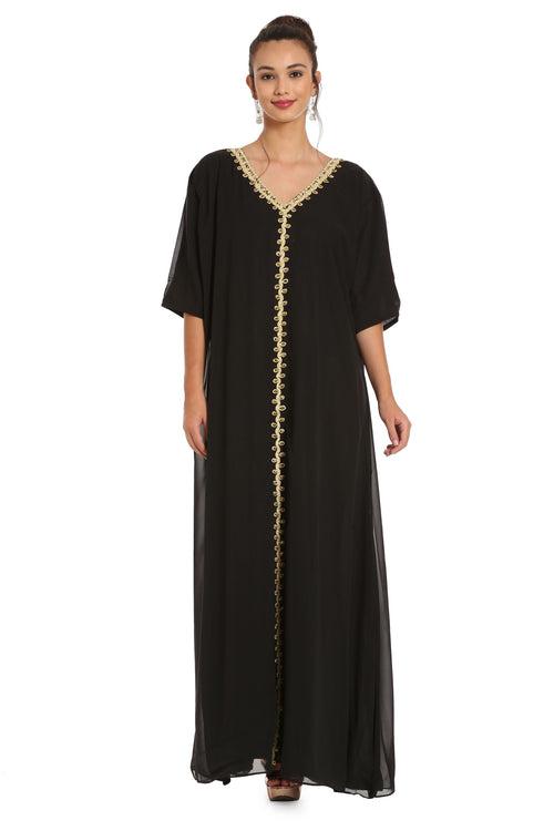 Black Abaya Kaftan Henna Party Dress with Long Bell Sleeve