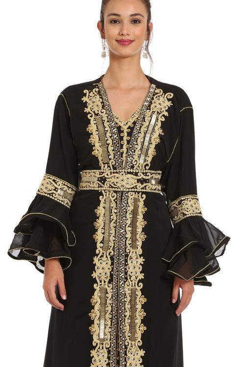 Black Abaya Kaftan Henna Party Dress with Long Bell Sleeve