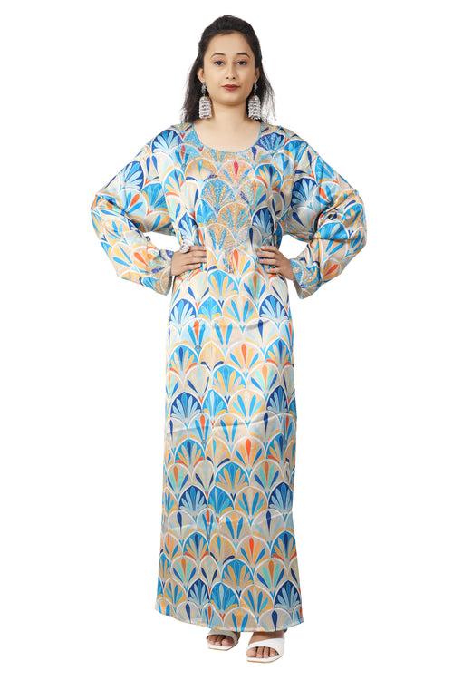 Dubai Farasha Kaftan Satin Flower Print Evening Tea Party Gown