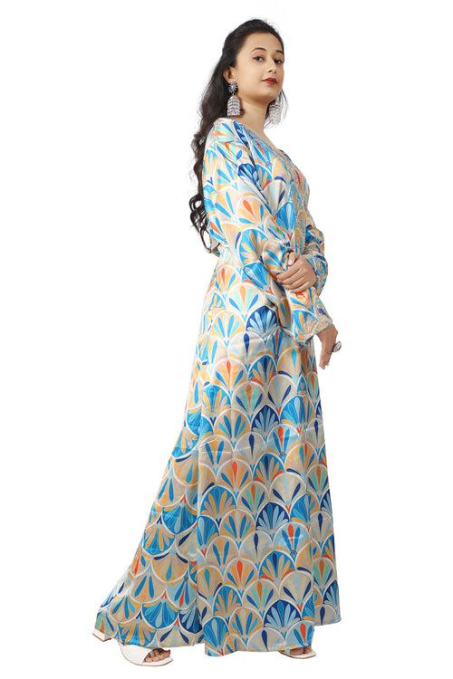 Dubai Farasha Kaftan Satin Flower Print Evening Tea Party Gown