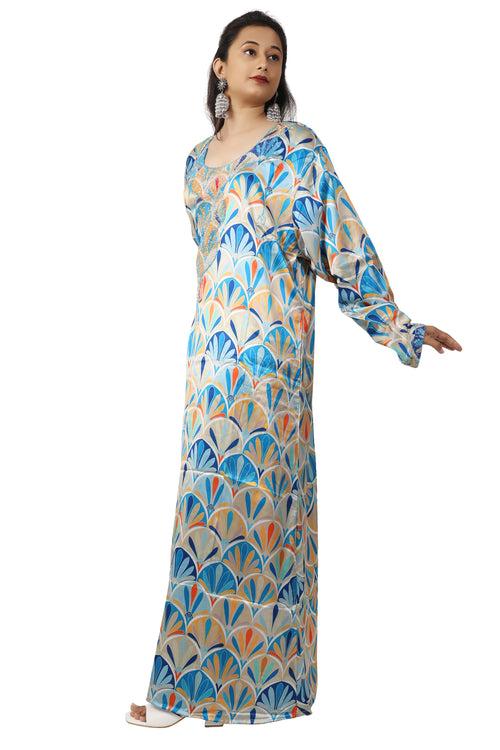 Dubai Farasha Kaftan Satin Flower Print Evening Tea Party Gown