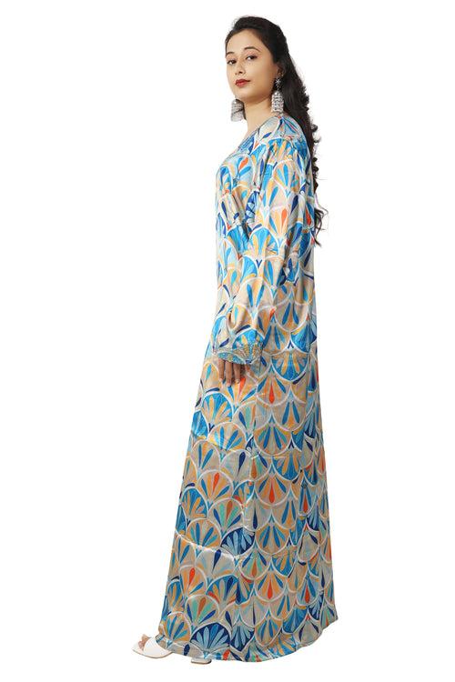 Dubai Farasha Kaftan Satin Flower Print Evening Tea Party Gown