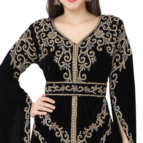 Long Sleeve Designer Bridal Wear Long Kaftan In Velvet Fabric