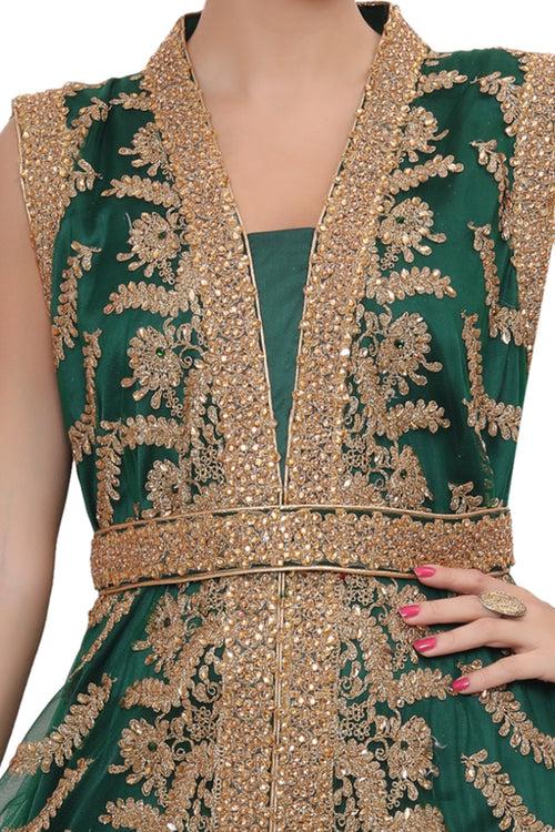 Green Designer Kaftan Bridal Gown Embroidered Dress