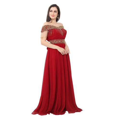 Red Prom Gown Bridesmaid Dress with Golden Tassels