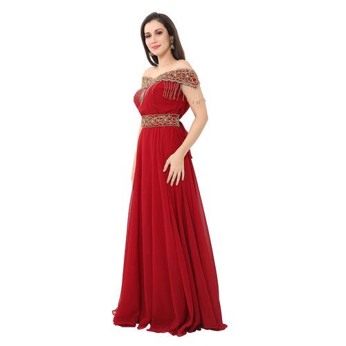 Red Prom Gown Bridesmaid Dress with Golden Tassels