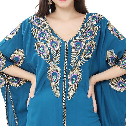Kaftan Maxi with Colorful Peacock Embroidery