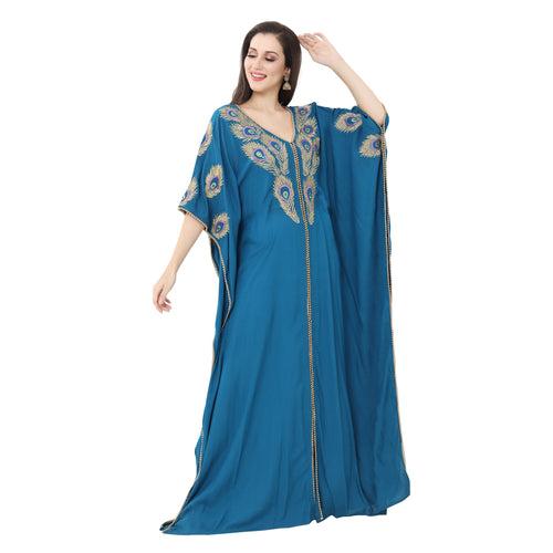 Kaftan Maxi with Colorful Peacock Embroidery