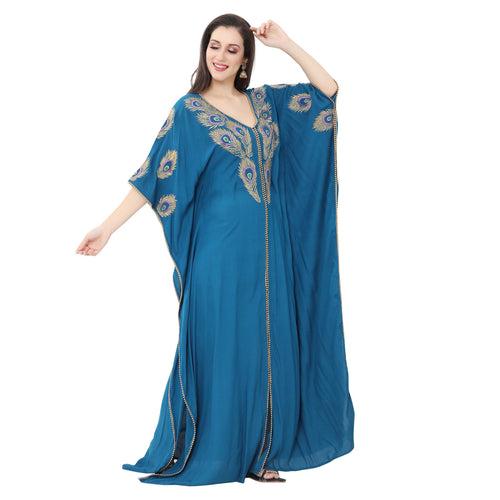 Kaftan Maxi with Colorful Peacock Embroidery