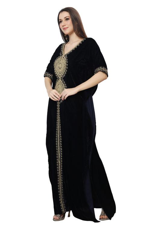 Designer Velvet Kaftan Karakou Embroidery Threadwork Gown