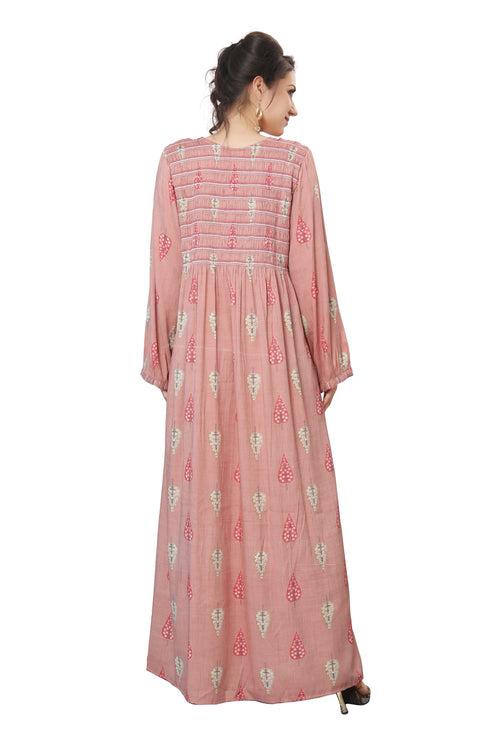 Long Kaftan Gown with Gathering in Pink
