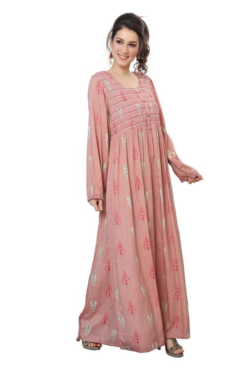 Long Kaftan Gown with Gathering in Pink