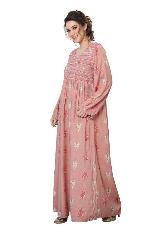 Long Kaftan Gown with Gathering in Pink