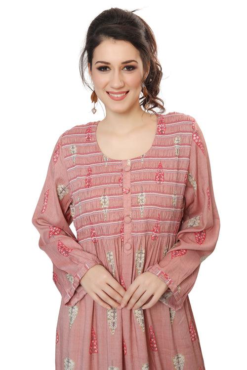 Long Kaftan Gown with Gathering in Pink