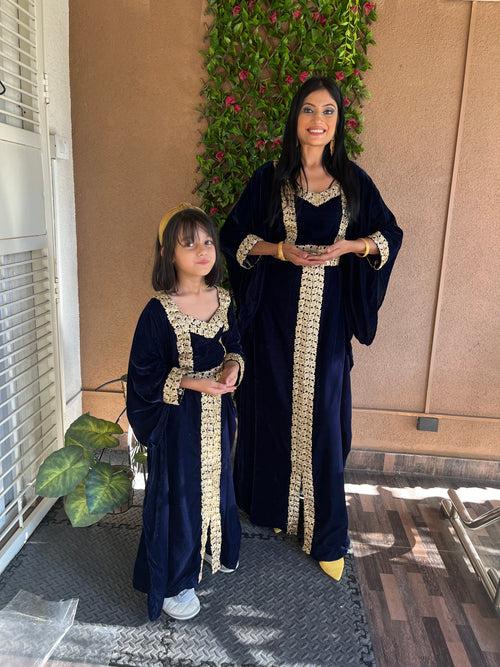 Velvet Jalabiya Kaftan Gown in Mother & Daughter Combo Set