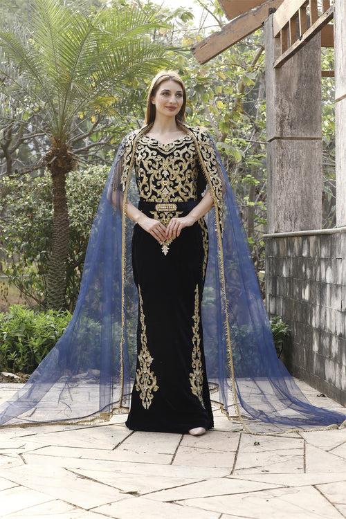 Embroidery Ball Gown with Threadwork & Beads in Velvet Kaftan