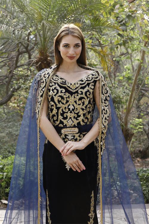 Embroidery Ball Gown with Threadwork & Beads in Velvet Kaftan