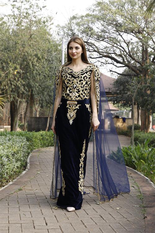 Embroidery Ball Gown with Threadwork & Beads in Velvet Kaftan