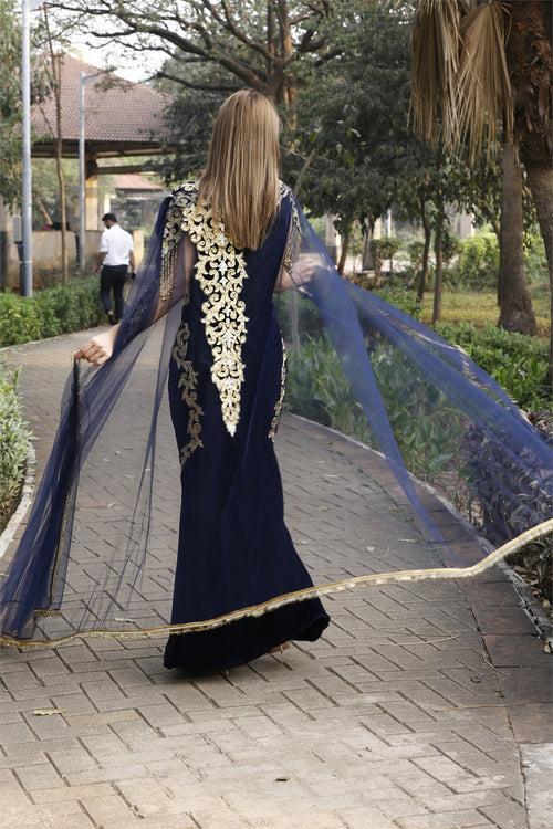 Embroidery Ball Gown with Threadwork & Beads in Velvet Kaftan