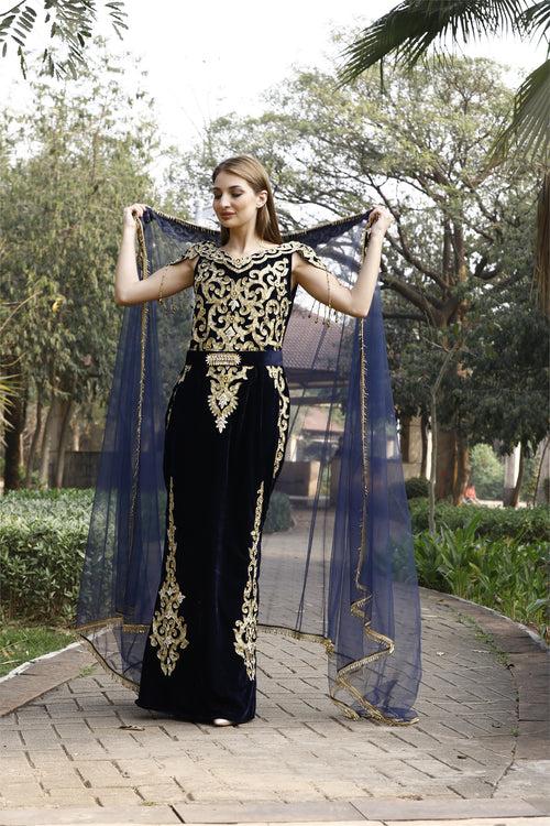 Embroidery Ball Gown with Threadwork & Beads in Velvet Kaftan