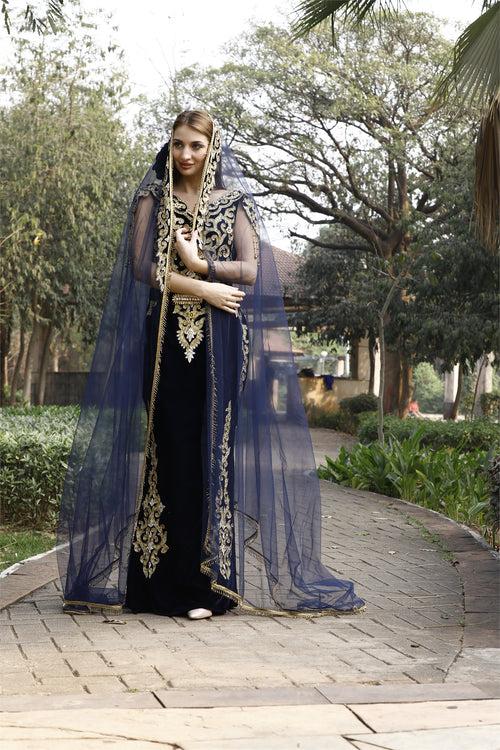 Embroidery Ball Gown with Threadwork & Beads in Velvet Kaftan