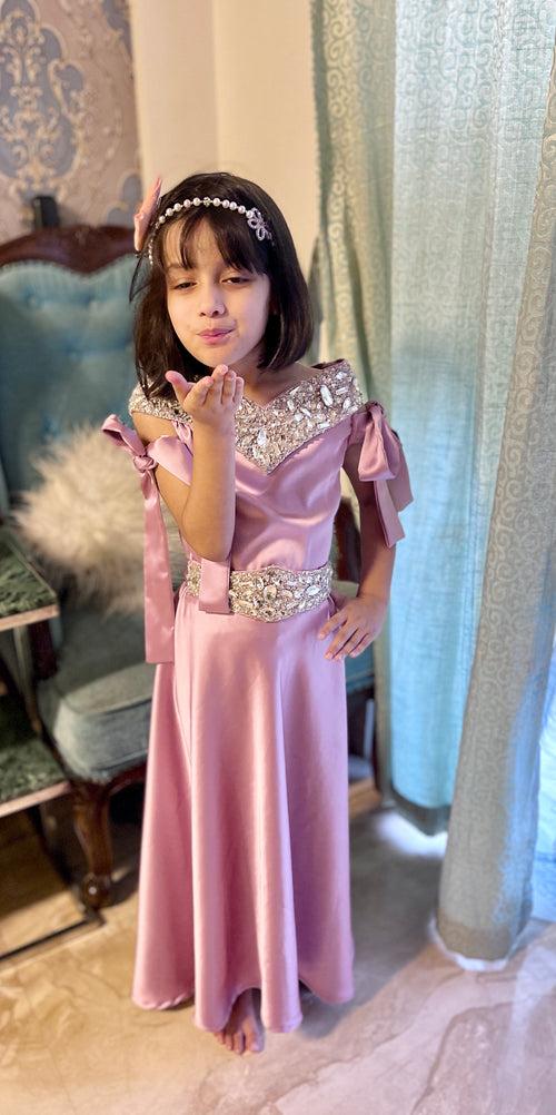 DesignerWear Kaftan For Kids in Pink Satin