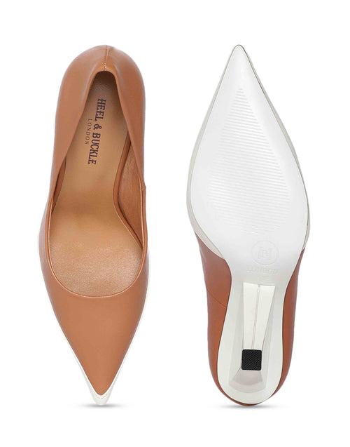 Tan and White Triangular Pumps