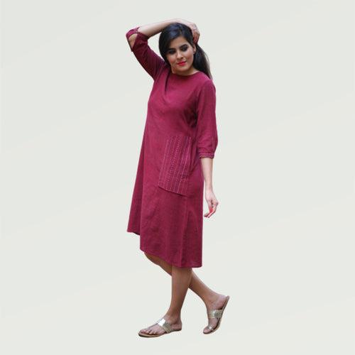 Maroon Kotpad A-line Embroidered Dress