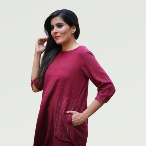 Maroon Kotpad A-line Embroidered Dress