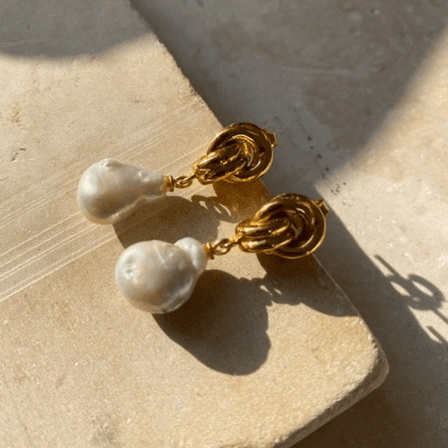 Chunky Gold Knot Baroque Pearl Earrings